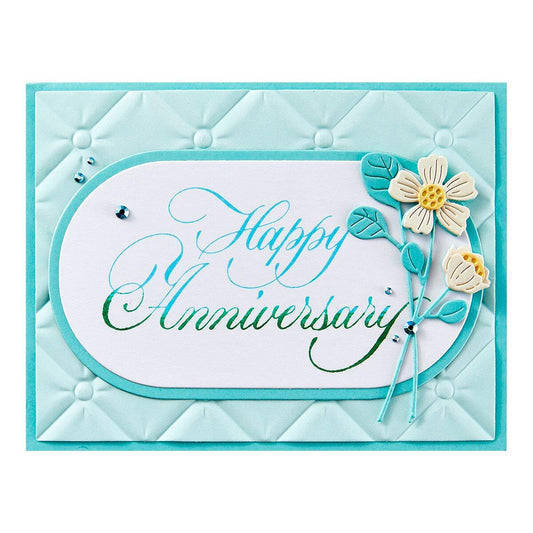 Greeting card with 'Happy Anniversary' text and floral design on a light blue background