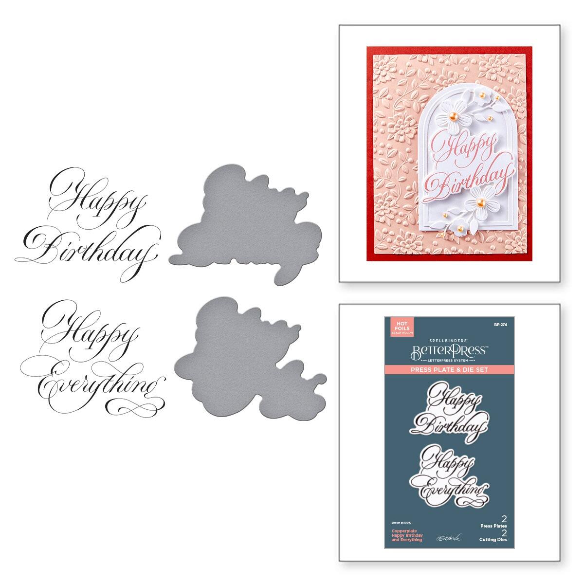 Metal die cutters with 'Happy Birthday' and 'Happy Everything' text, a framed card, and a packaging box on a white background.