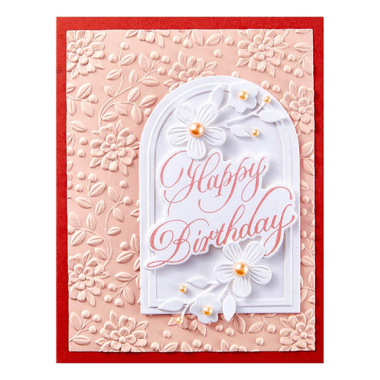Birthday card with floral design and 'Happy Birthday' text on a pink background