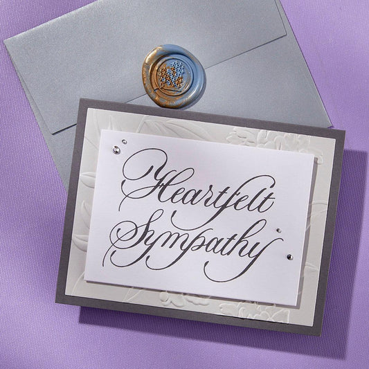 Sympathy card with 'Heartfelt Sympathy' text on a purple background