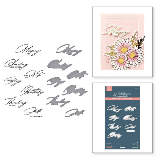 Set of die-cut phrases and a floral design with a card on a white background