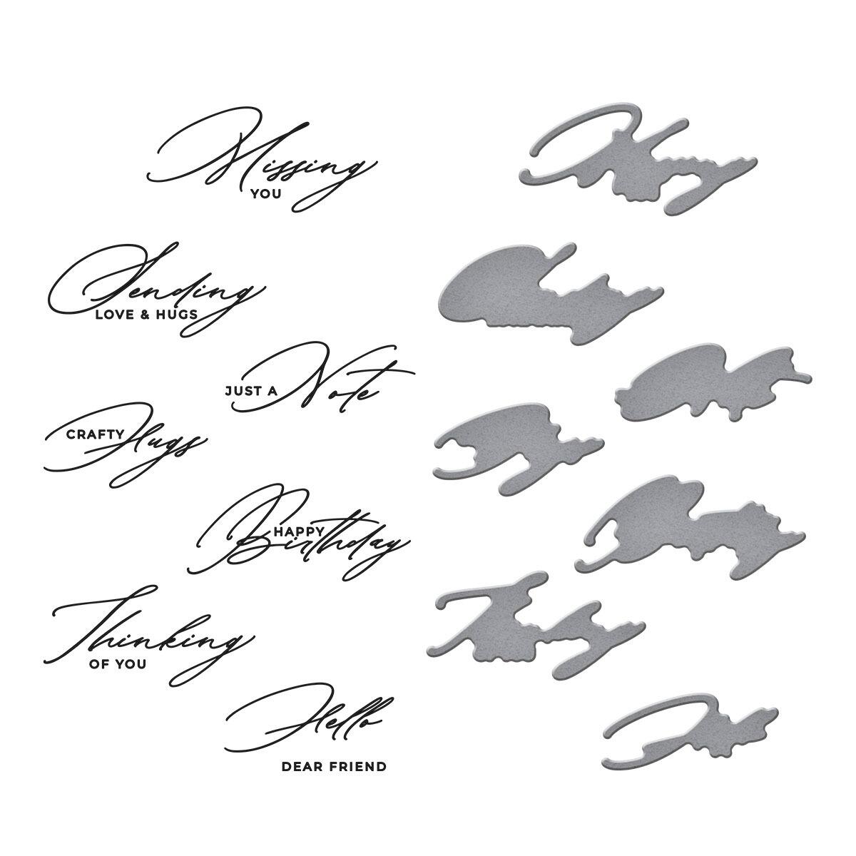 Metallic cutout letters and phrases on a white background