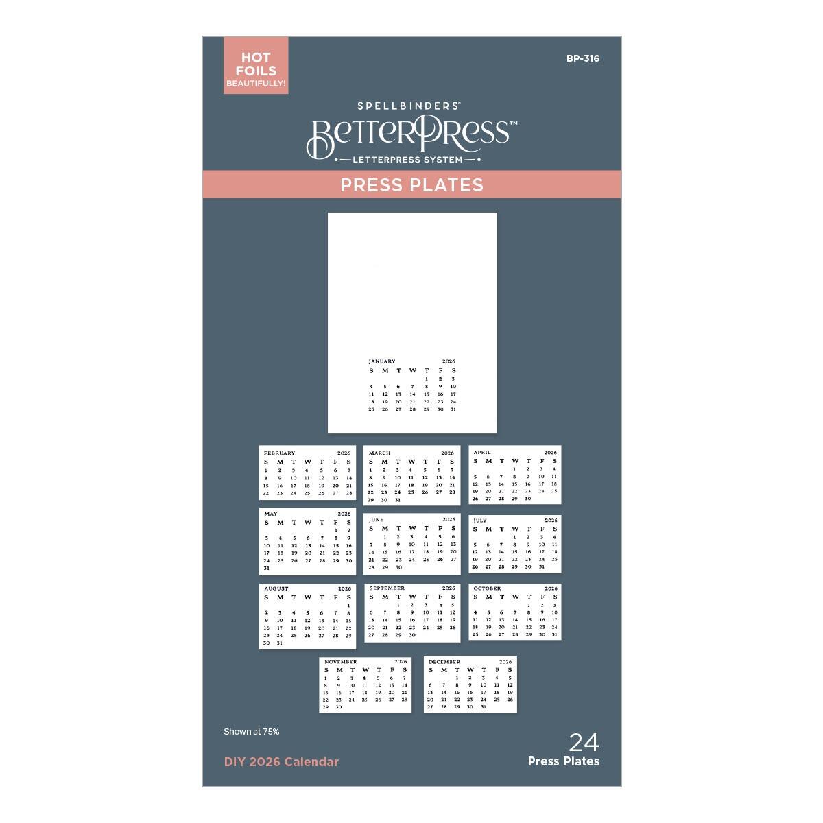 Packaging of Spellbinders Better Press press plates with calendar design on a white background