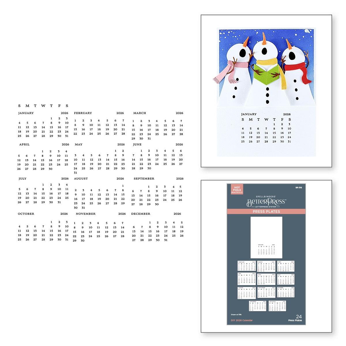 Calendar with snowman design, additional calendar on a white background, and Better Press product packaging.