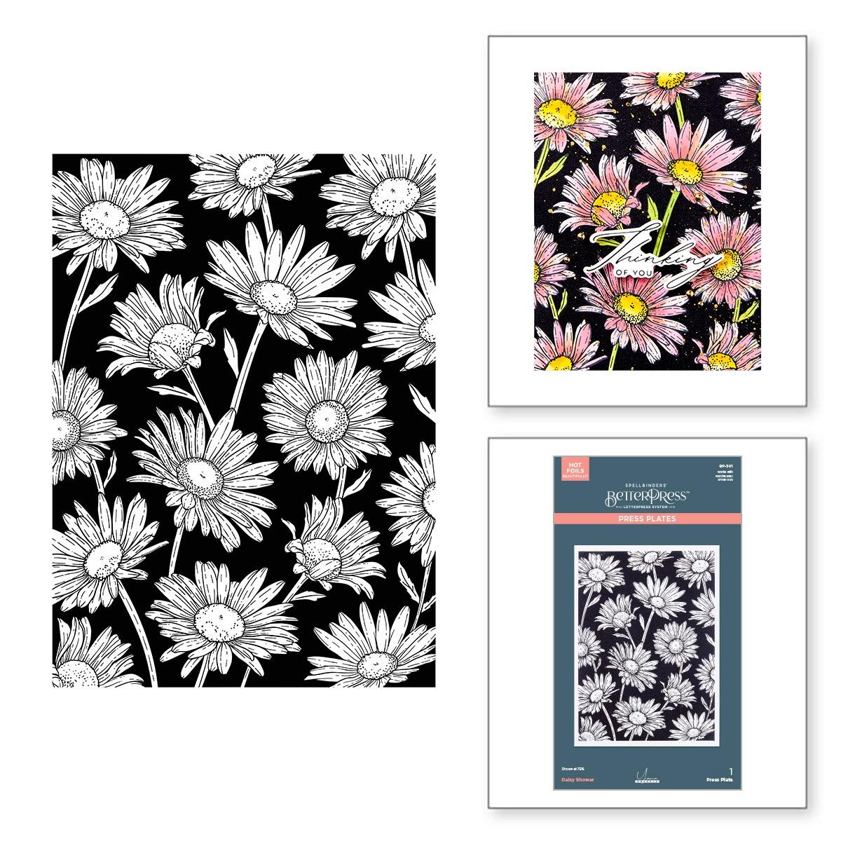 Floral patterned paper with black and white flowers on a black background, pink flowers on a black background, and a package of the paper.