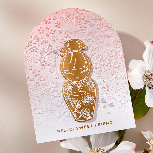 Finished card showcasing the floral fan design created with the Spellbinders 3D Embossing Folder from the Spring in Kyoto Collection.