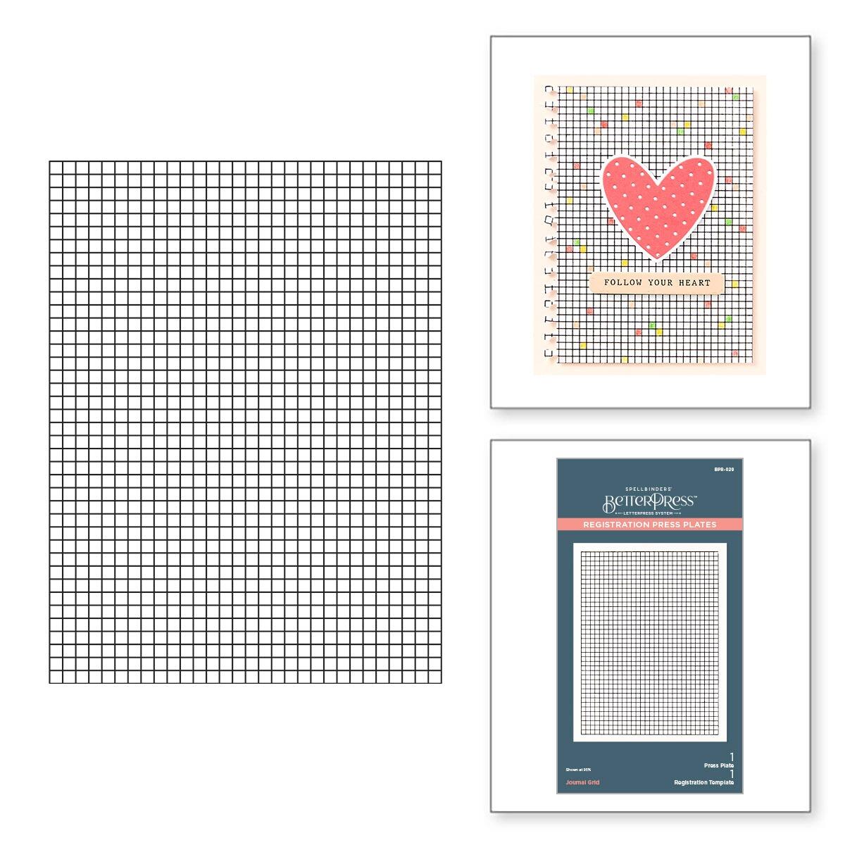 Three sheets of paper with grid patterns and a heart design on a white background