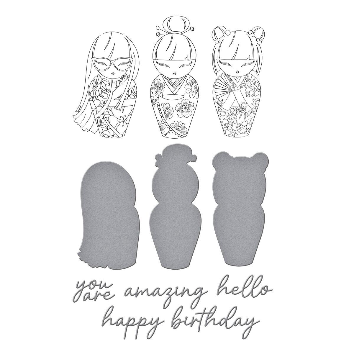 Decorative nesting dolls with intricate designs and text on a white background