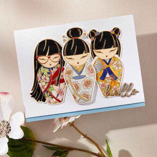 Card with three illustrated characters in traditional outfits and a 'hello' text, with flowers in the background.