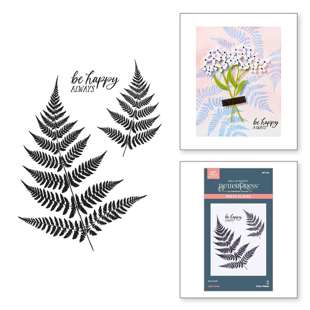 Set of fern leaf designs with text and a floral illustration on a white background