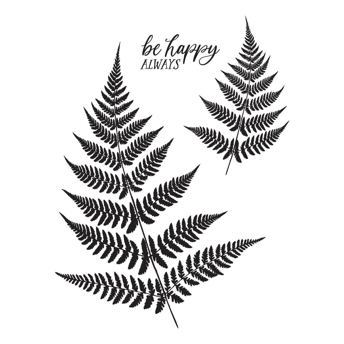 Black fern leaves with 'be happy ALWAYS' text on a white background
