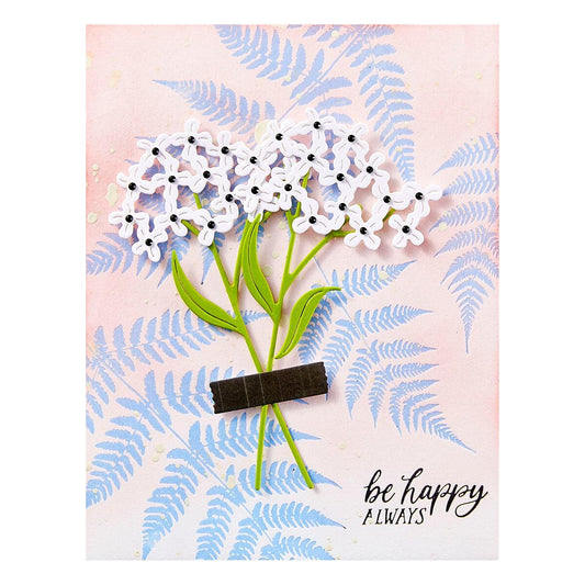 Card with white flowers, green stems, and 'be happy ALWAYS' text on a pink and blue leaf patterned background.