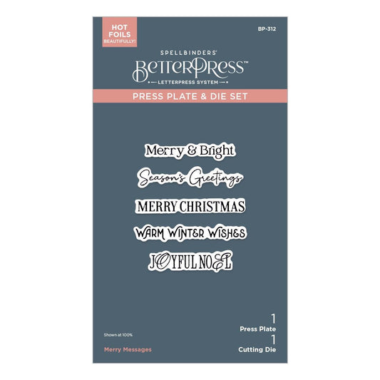 Spellbinders BetterPress press plate and die set with Christmas-themed text on a blue background