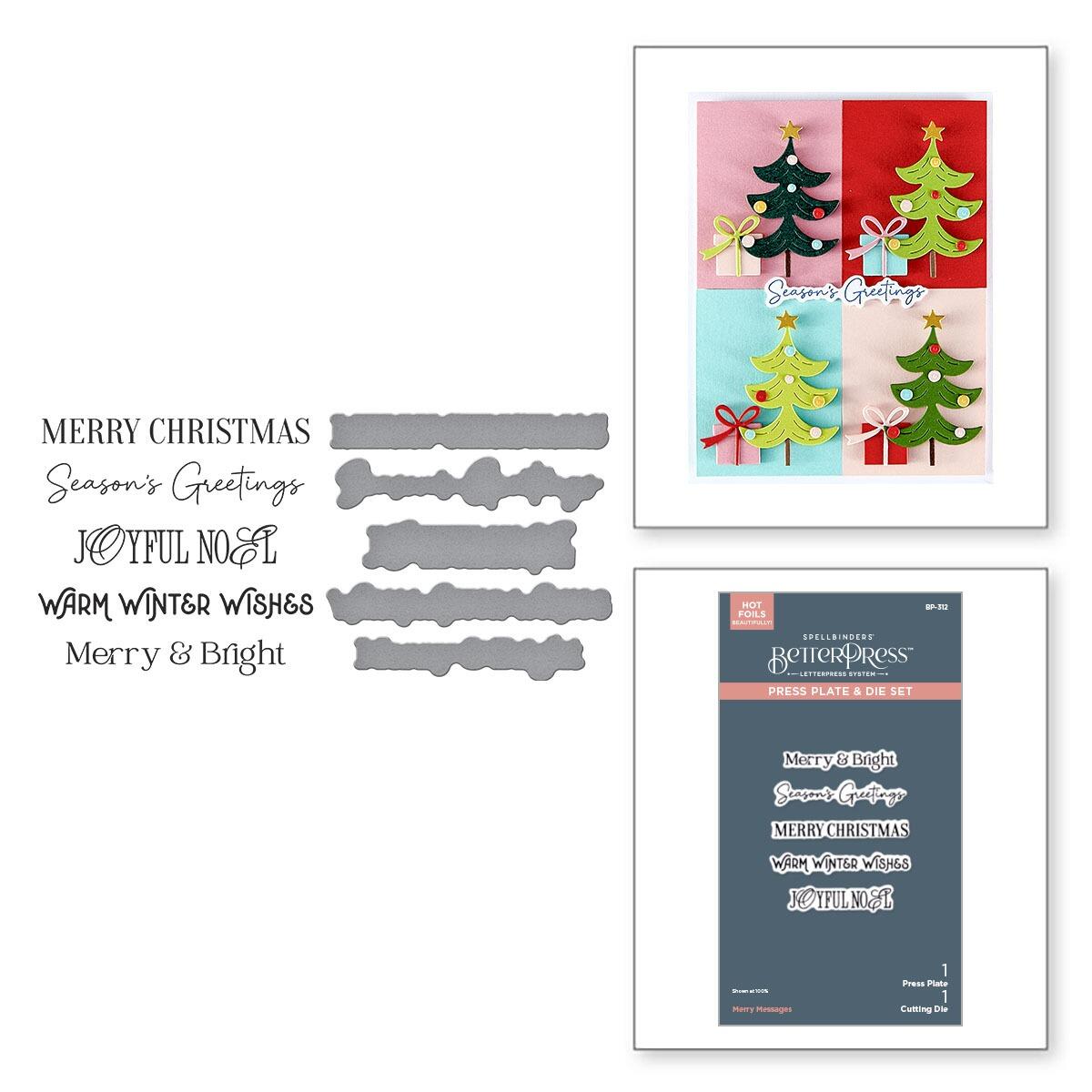Set of Christmas-themed cutting dies and stamps with decorative elements on a white background.