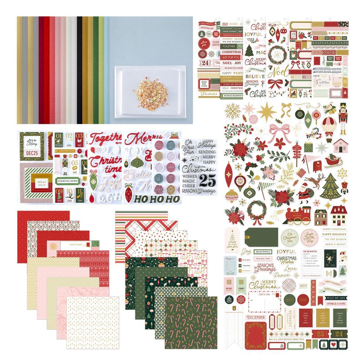 Collection of Christmas-themed paper packs and stickers on a white background