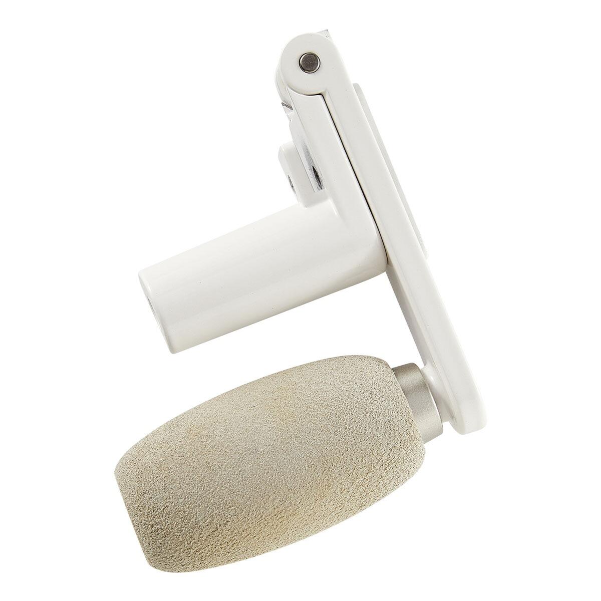 White roller with a textured beige handle on a white background