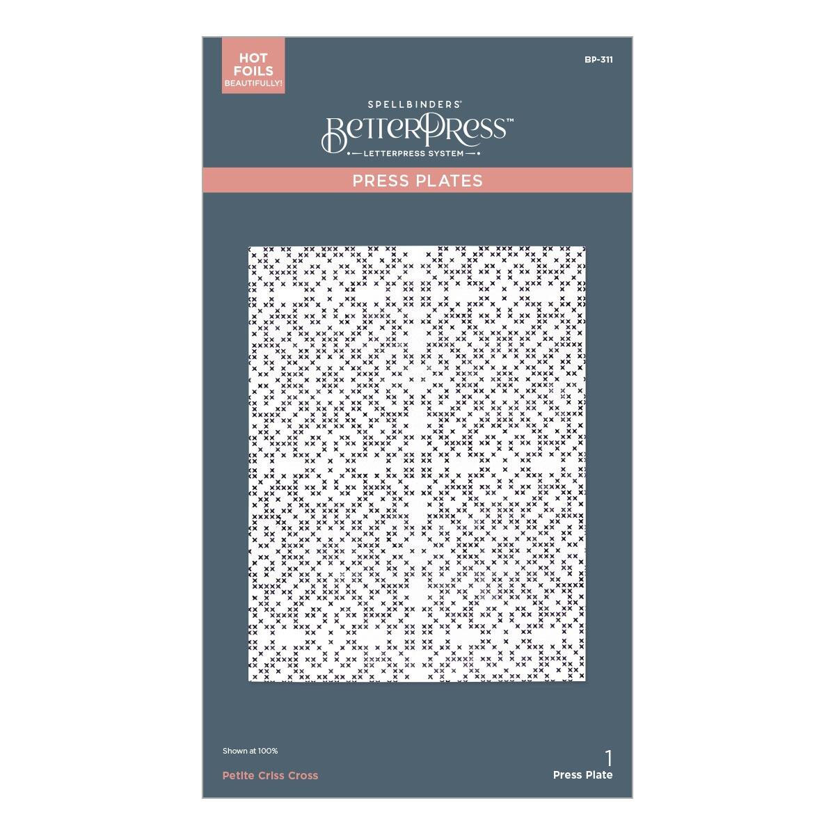 Spellbinders BetterPress Press Plates packaging with a patterned design on a blue background