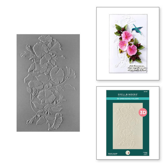 A greeting card with a 3D embossed petunia pattern created with the embossing folder.