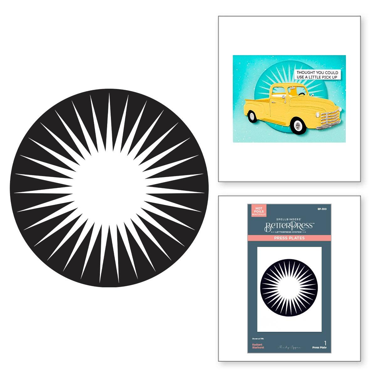 Black and white sunburst design on a white background with a yellow truck poster and paper package.