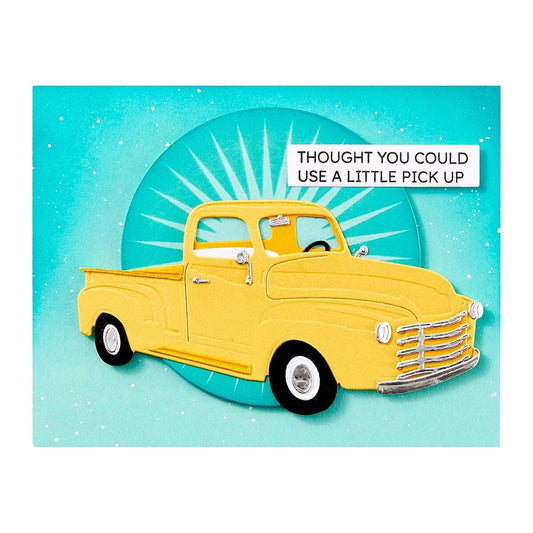 Yellow vintage truck on a blue background with a humorous text message.