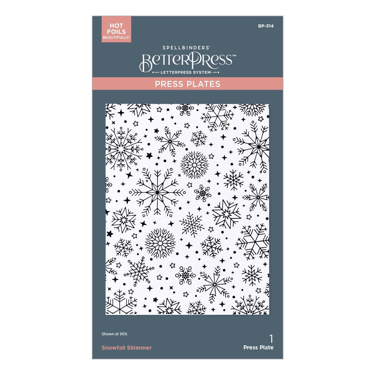Spellbinders Better Press Snowfall Shimmer press plate packaging on a white background