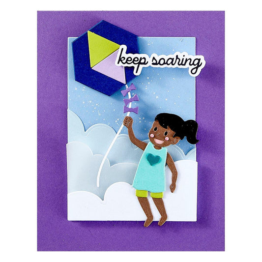 Card with a child holding a kite, text 'keep soaring', on a purple border.
