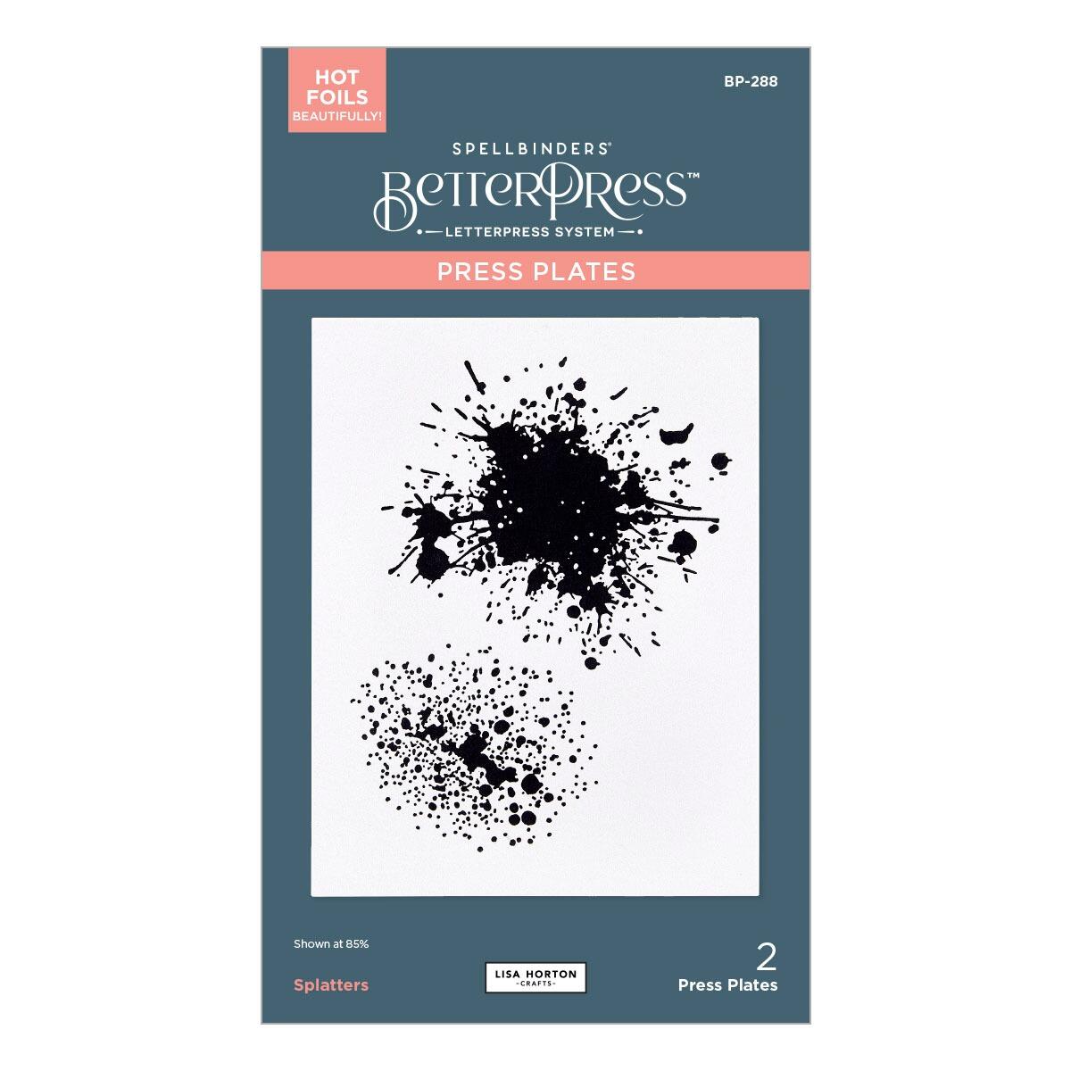 Spellbinders BetterPress Press Plates packaging with splatter design on a blue background