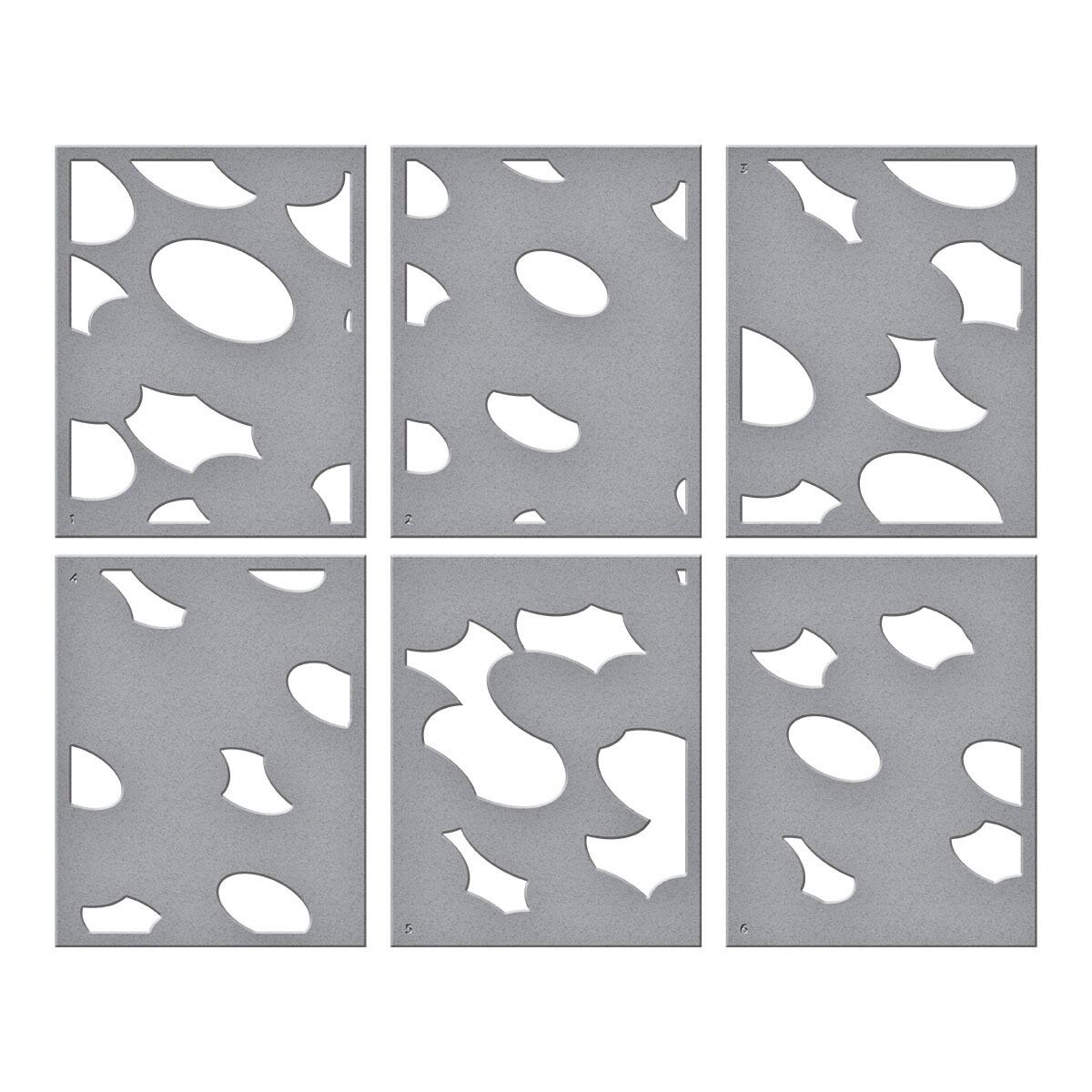 Six gray metal panels with cut-out geometric shapes on a white background