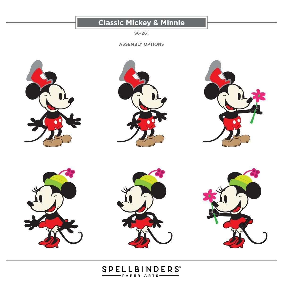 Illustrations of Classic Mickey and Minnie with assembly options on a white background, featuring Spellbinders Paper Arts branding.