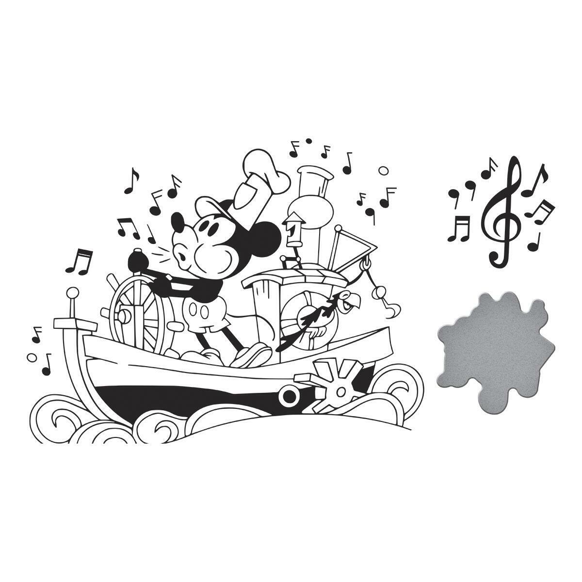 Cartoon character on a boat with musical notes and a splatter of gray color.
