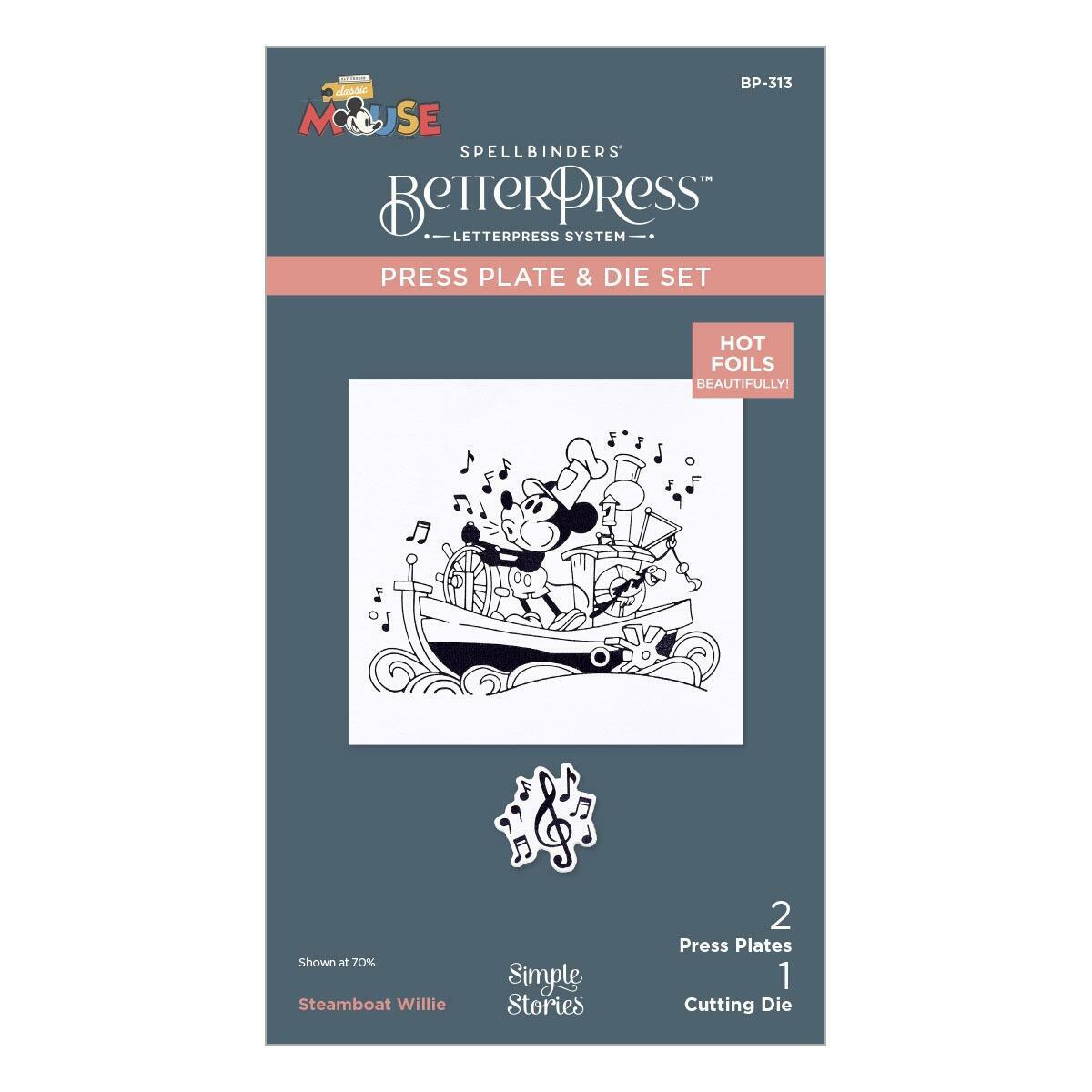 Moose Spellbinders BetterPress press plate and die set packaging with Steamboat Willie design.