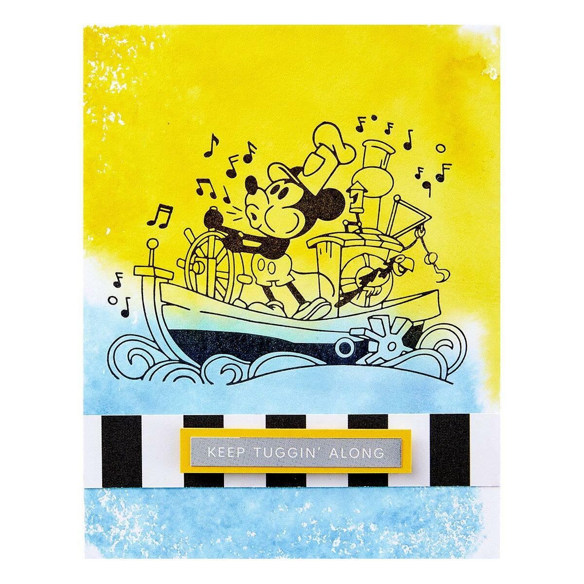 Illustration of a character on a ship with musical notes against a yellow and blue gradient background.