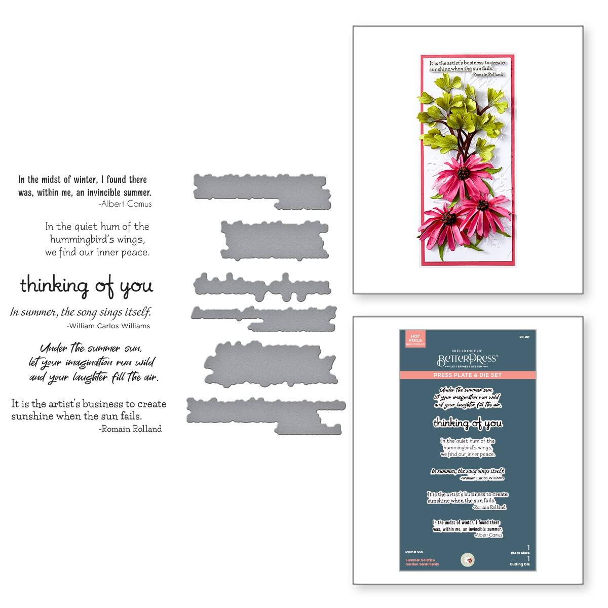 Collection of stationery items including a card with flowers, text, and metal stamps on a white background.
