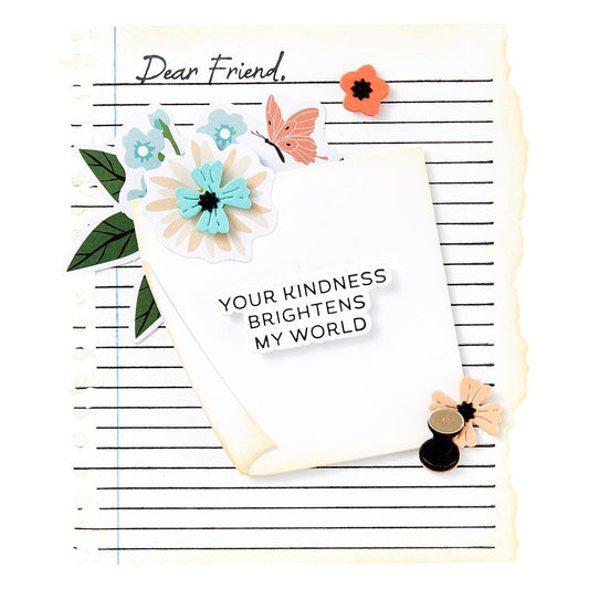 Notebook page with decorative flowers and a card saying 'Your kindness brightens my world'.