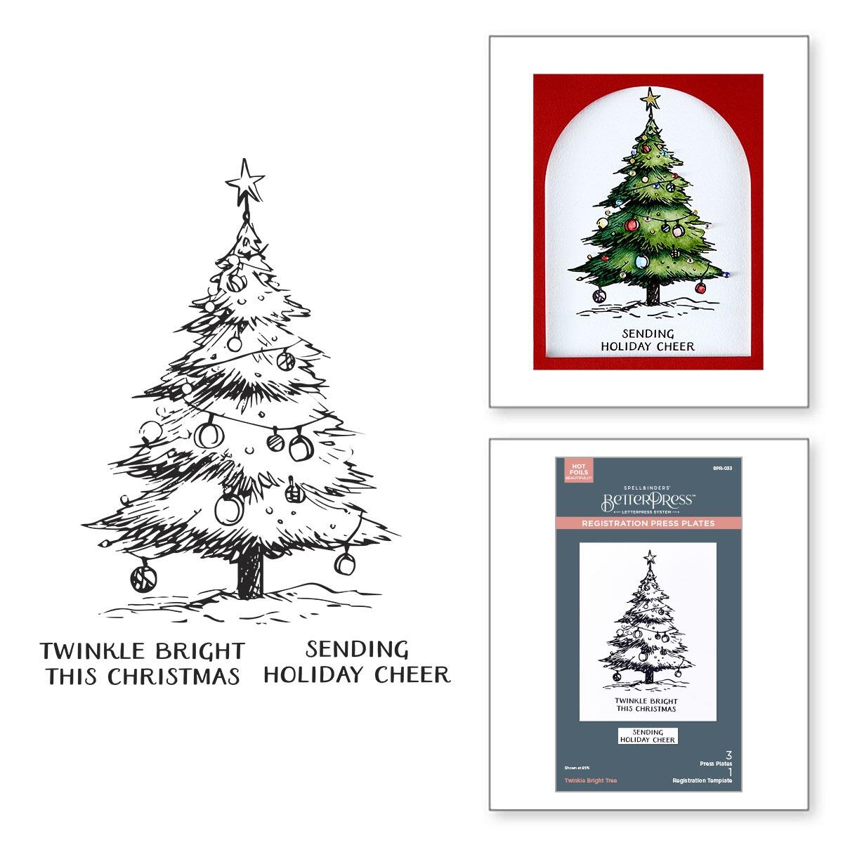 Christmas tree design with text and a stamp set on a white background