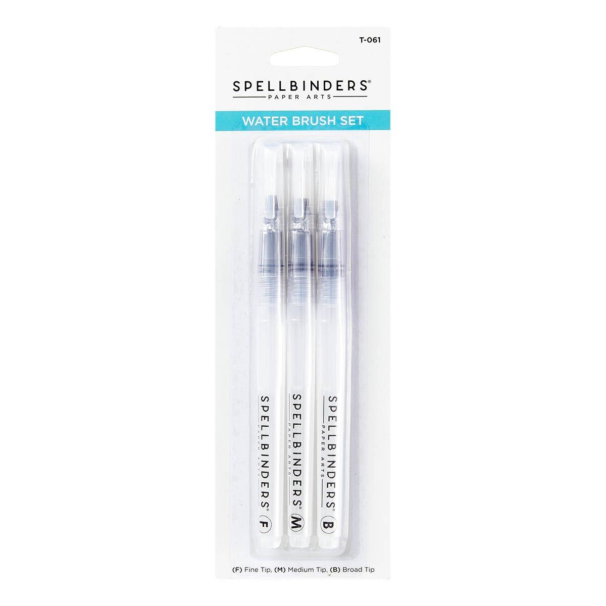 A pack of three Spellbinders Water Brushes with fine, medium, and broad tips.