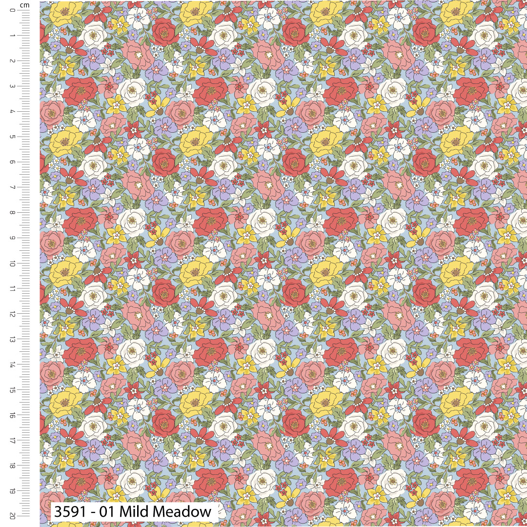 Floral pattern with red, yellow, and white flowers on a blue background