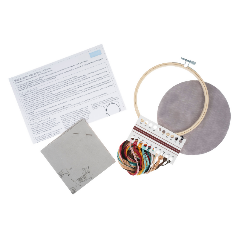 The Trimits Dogs Embroidery Hoop Kit showing all the included tools and materials.