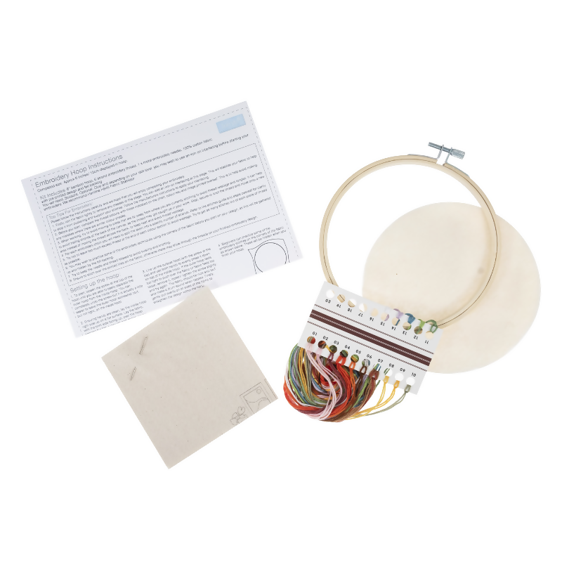 Embroidery kit with hoop, thread, fabric, and instructions on a white background