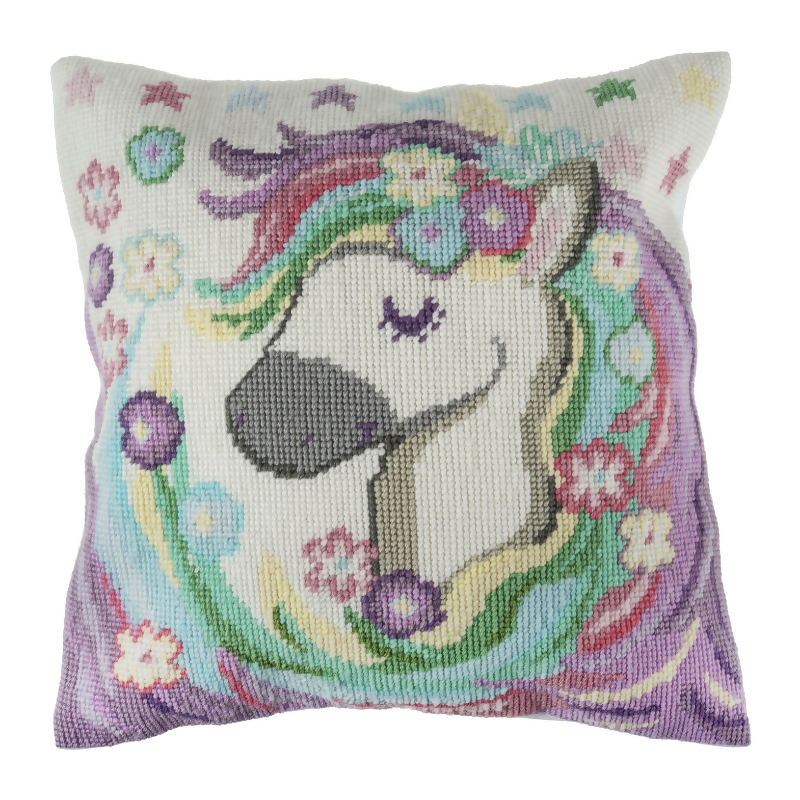 Trimits Unicorn Half Stitch Cushion Kit Completed