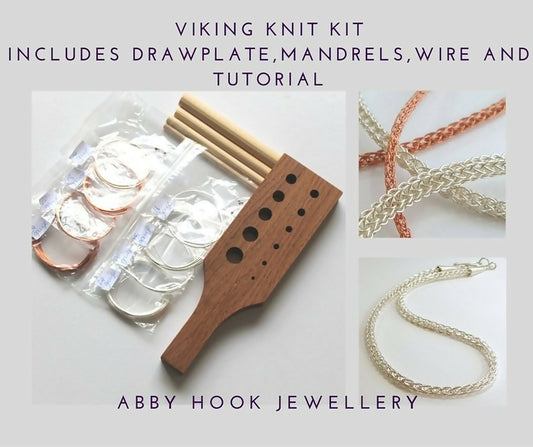 Viking knit kit with drawplate, mandrels, wire, and tutorial from Abby Hook Jewellery on a white background.