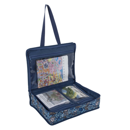 Woodblock Floral Project Craft Bag, open, revealing transparent plastic inserts, spacious main compartment, and elastic tool loops