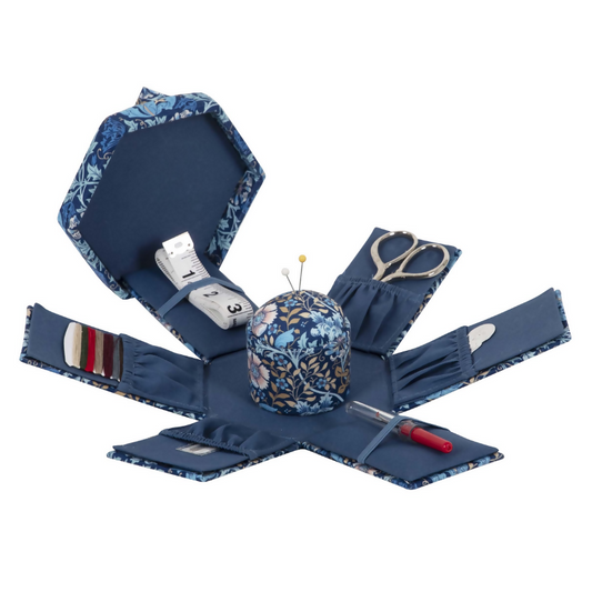 Woodblock Floral Sewing Kit, open, revealing included scissors, thread, and other sewing tools neatly organized