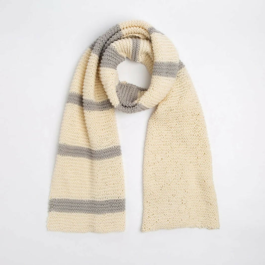 Knitted scarf with beige and gray stripes on a white background