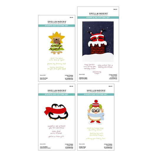 Four Spellbinders stamp and die cutting sets with Christmas-themed designs on a white background.