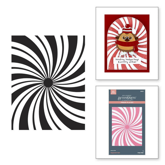 A finished handmade card with a peppermint swirl design created with the Peppermint Twist plate.