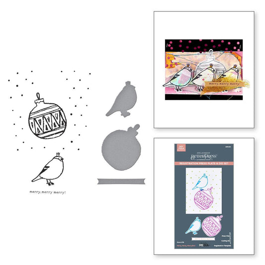 A finished handmade card with a foiled "Merry Merry Merry" bird message created with the set.