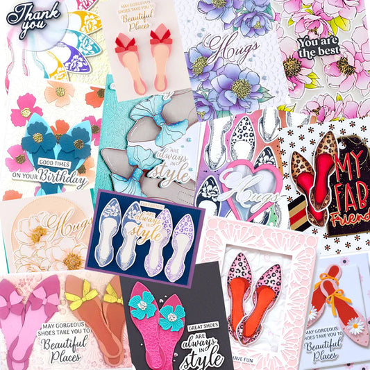 Collage of various greeting cards with shoe designs and text.
