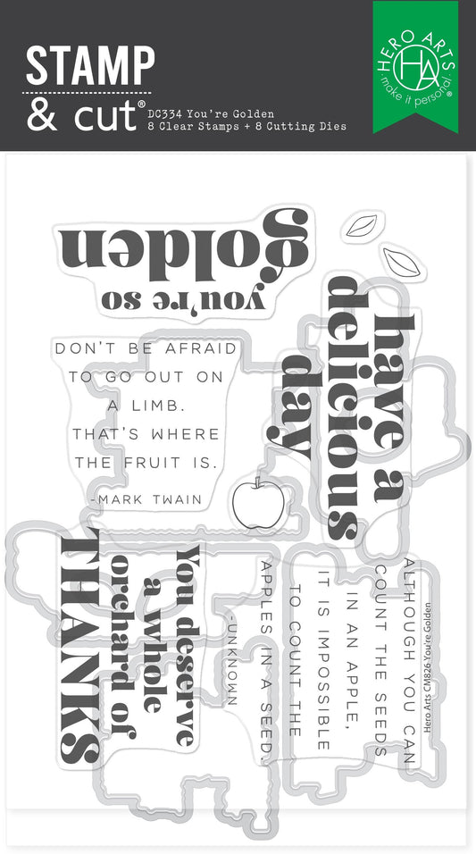 Clear stamp set with various phrases and graphics on a white background