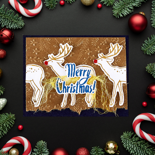 Christmas card with reindeer and 'Merry Christmas!' text, surrounded by festive decorations on a dark background.